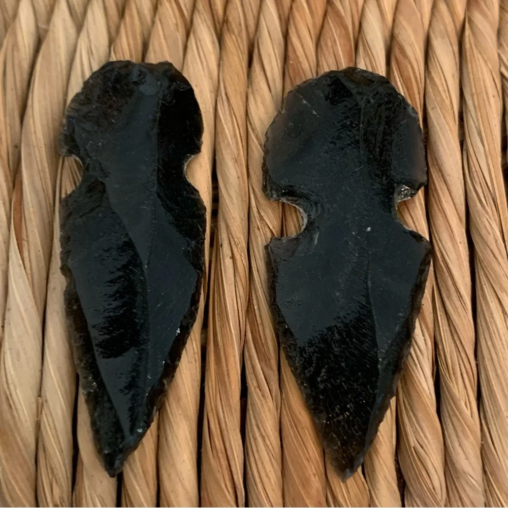 2 Black Obsidian Arrowheads Points Hand Knapped Dragon Glass Arrowhead Set 1.7